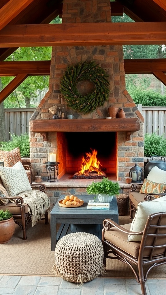 A rustic outdoor fireplace with cozy seating and accessories.