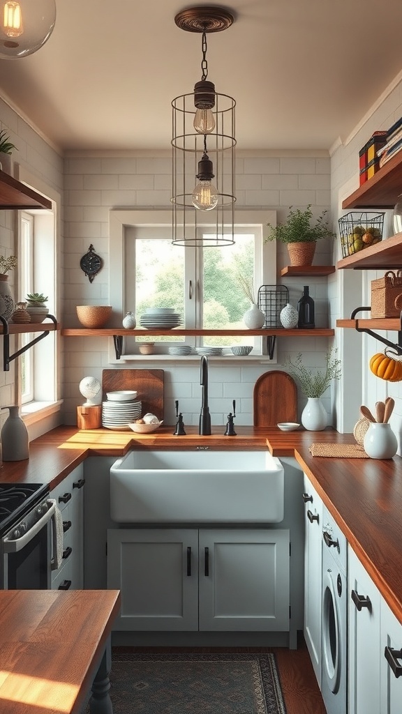 A beautiful farmhouse sink in a stylish kitchen with white cabinetry and decorative elements.