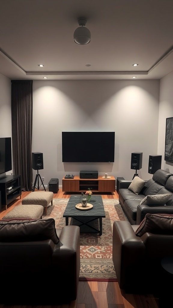 A modern living room layout with a large TV, comfortable seating, and a coffee table.