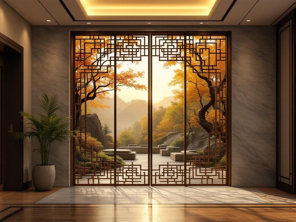 An elegant entry divider with intricate designs, showcasing a view of a serene outdoor space with trees and rocks.