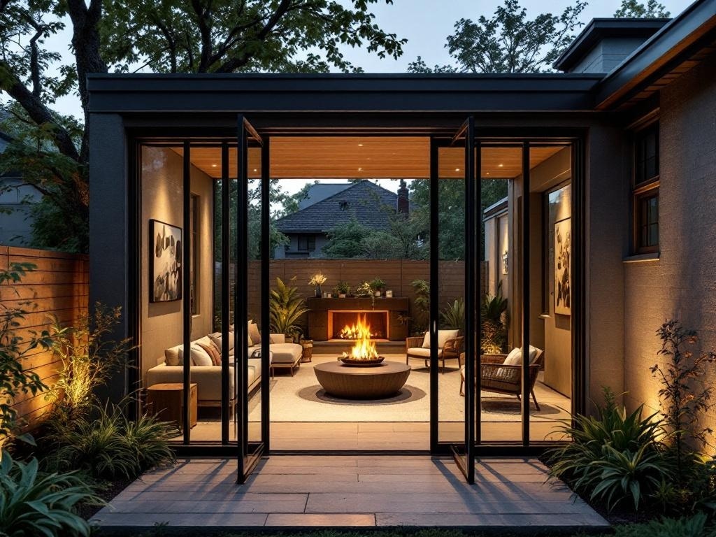 A cozy outdoor area featuring a fire pit, comfortable seating, and glass entry dividers.