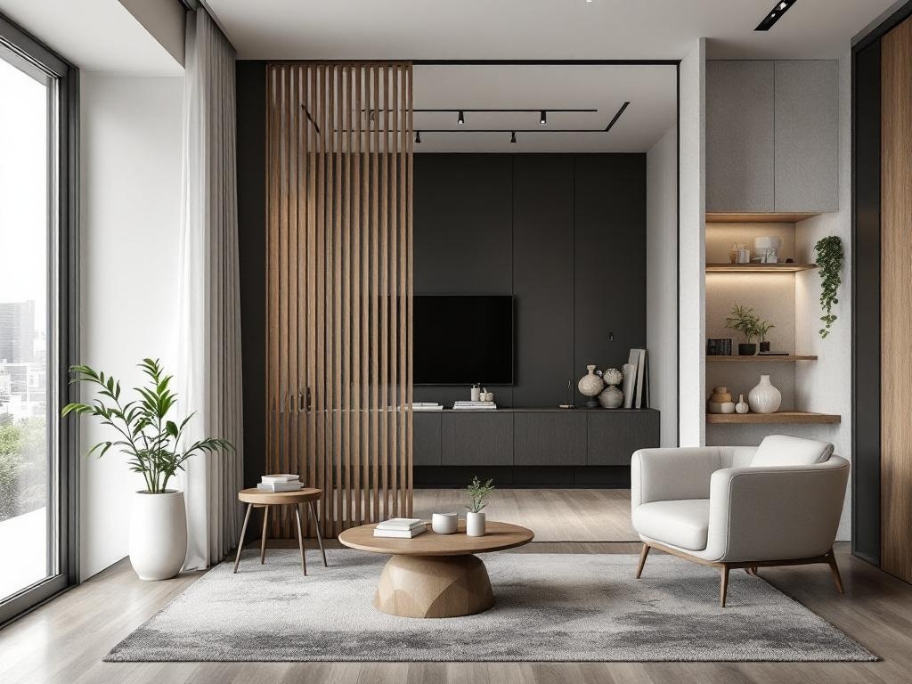 A modern living space with a wooden entry divider, cozy chair, and plants.