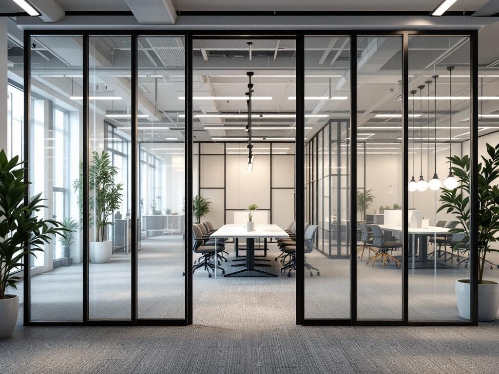 Modern office space with glass entry dividers and plants