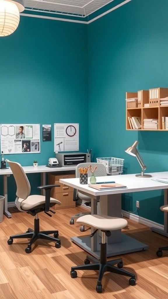 A craft room with teal walls, featuring ergonomic chairs and spacious desks for a comfortable workspace.