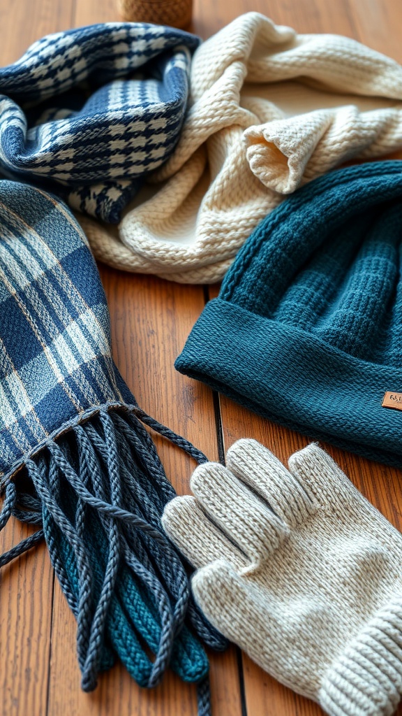 A collection of winter accessories including scarves, gloves, and hats on a wooden surface.