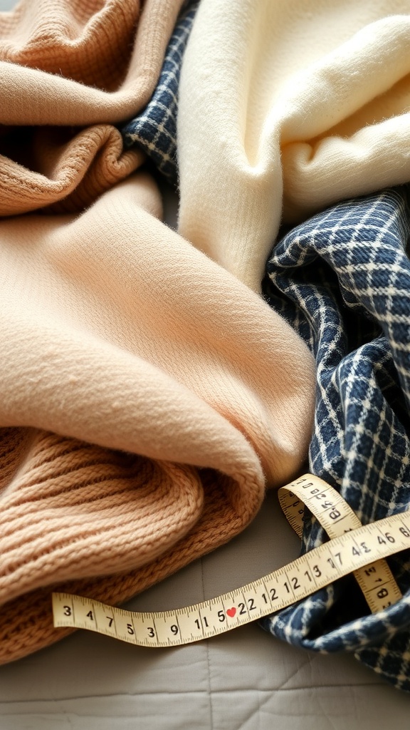 A variety of winter fabrics including soft knits, wool, and flannel, with a measuring tape.