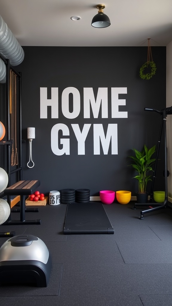 A modern home gym with a bold 'HOME GYM' sign, colorful storage bins, and basic workout equipment.
