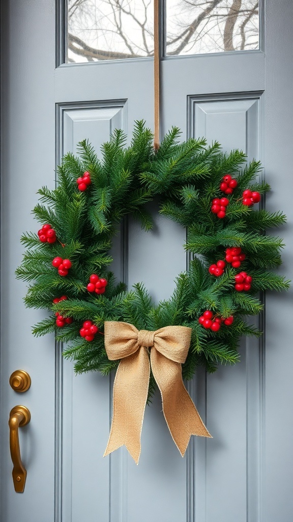 A green evergreen wreath adorned with red berries and a burlap bow, hanging on a blue door.