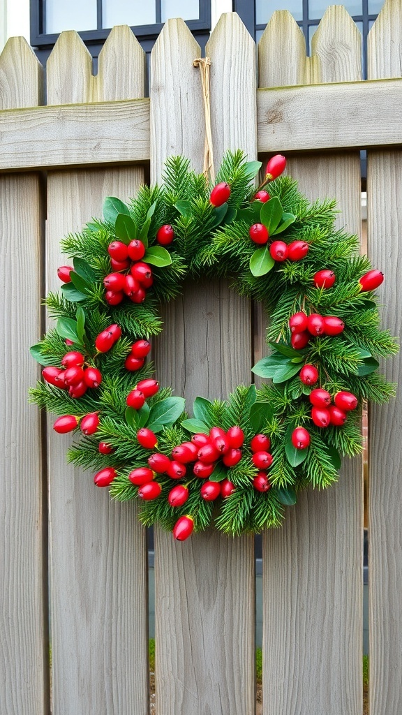 A January wreath made of evergreen branches and red berries hanging on a wooden fence.