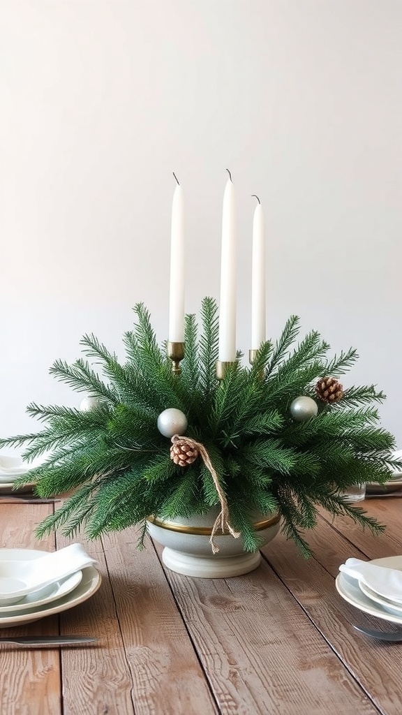 A winter centerpiece featuring evergreen branches, three white candles, and decorative elements like pine cones and ornaments.