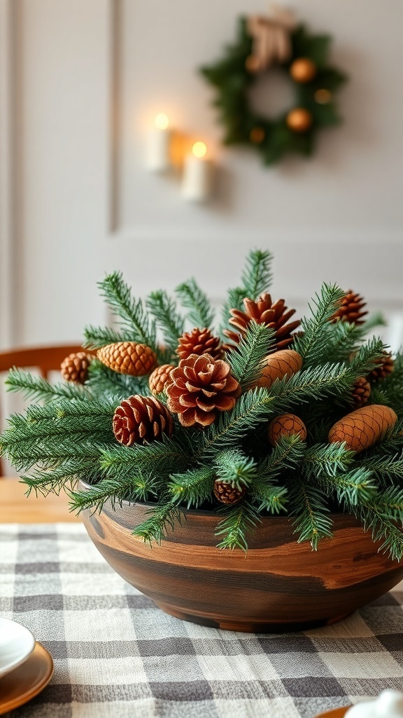 A beautiful arrangement of evergreen branches and pinecones in a wooden bowl, set on a checkered tablecloth.