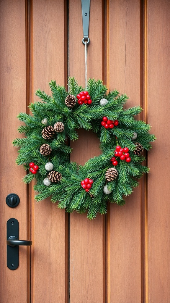 A winter wreath made of evergreen branches, pinecones, and red berries hanging on a wooden door.