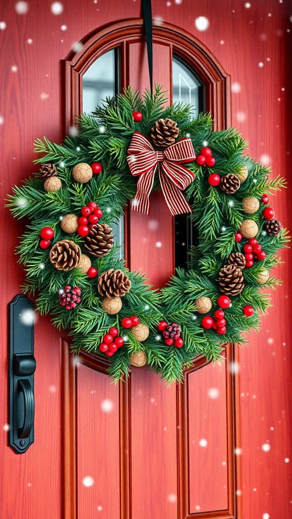 A festive evergreen wreath adorned with pinecones and red berries, hanging on a red front door.