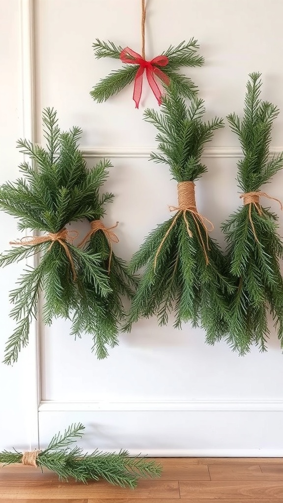 Three bundles of evergreen branches tied with twine and a red ribbon, hanging on a wall.