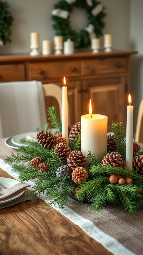 A beautiful evergreen centerpiece with candles and pinecones on a wooden table.