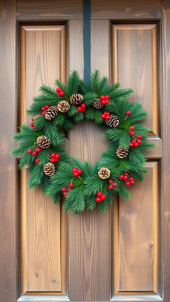 A winter wreath made of evergreen branches, pinecones, and red berries on a wooden door.
