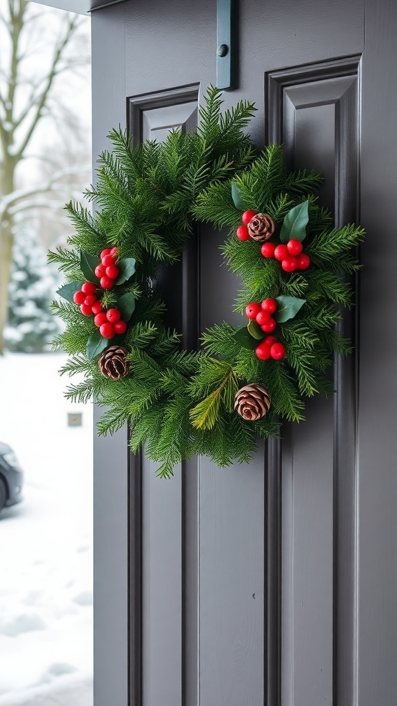 A winter wreath made of evergreen branches, red berries, and pinecones hanging on a front door.