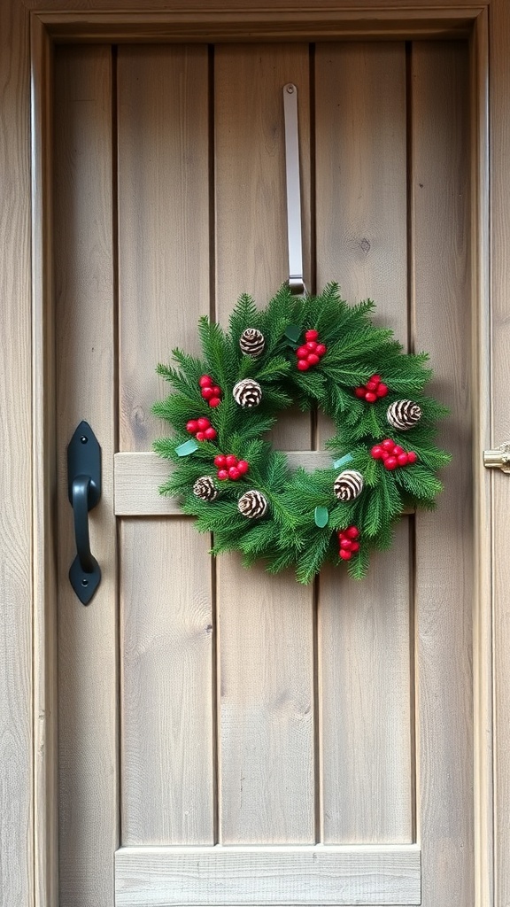 A winter wreath made of evergreen branches, red berries, and pine cones hanging on a wooden door.