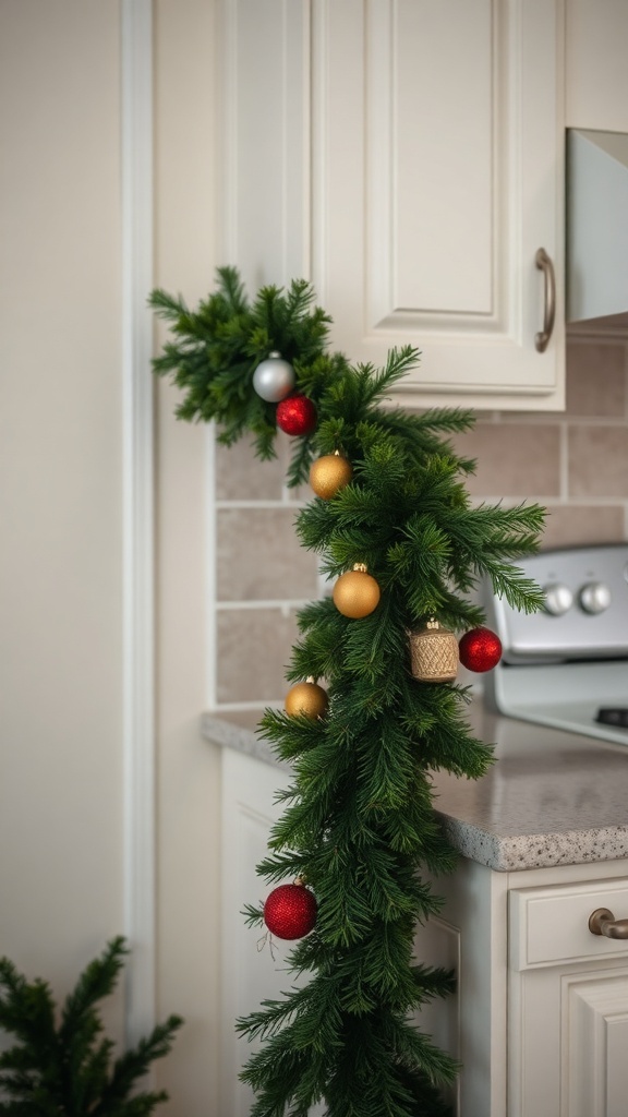 A kitchen cabinet decorated with evergreen garland and colorful ornaments.