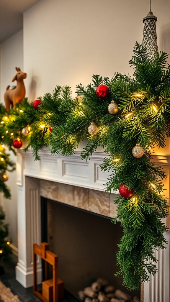 A festive evergreen garland with red and gold ornaments and lights on a fireplace mantel.