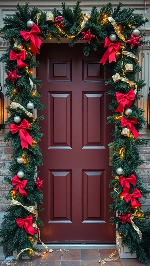 A beautifully decorated evergreen garland with red bows and ornaments framing a door.