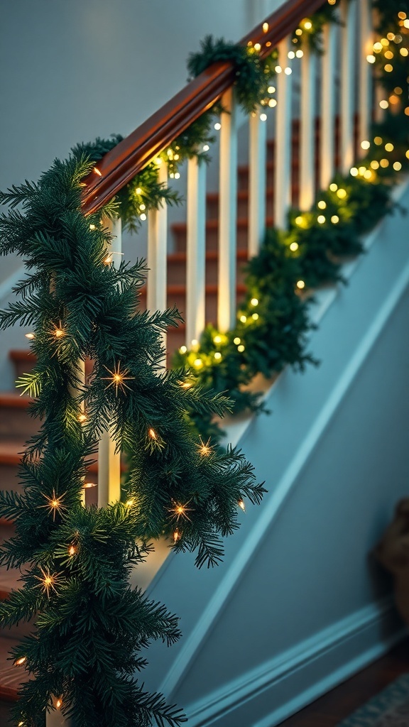 A beautifully decorated banister with evergreen garlands and twinkling lights.