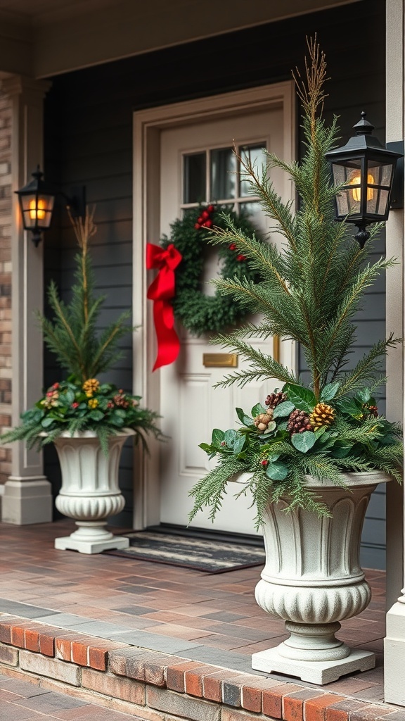 Two evergreen planters with pine branches and pine cones on a front porch.