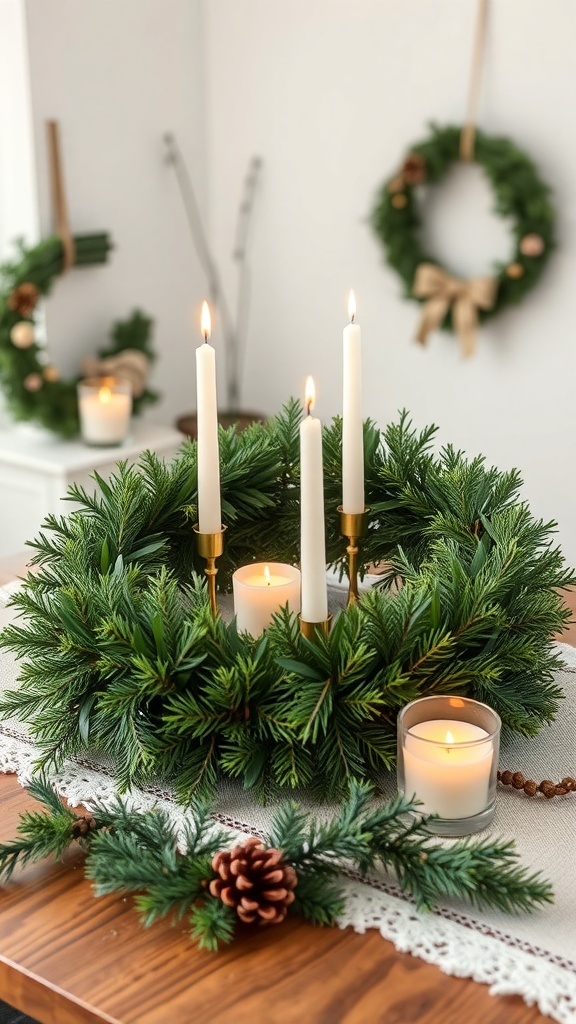 A beautiful evergreen wreath with candles and pinecones on a table.