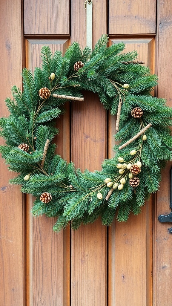 A green evergreen wreath with pinecones and twigs hanging on a wooden door.