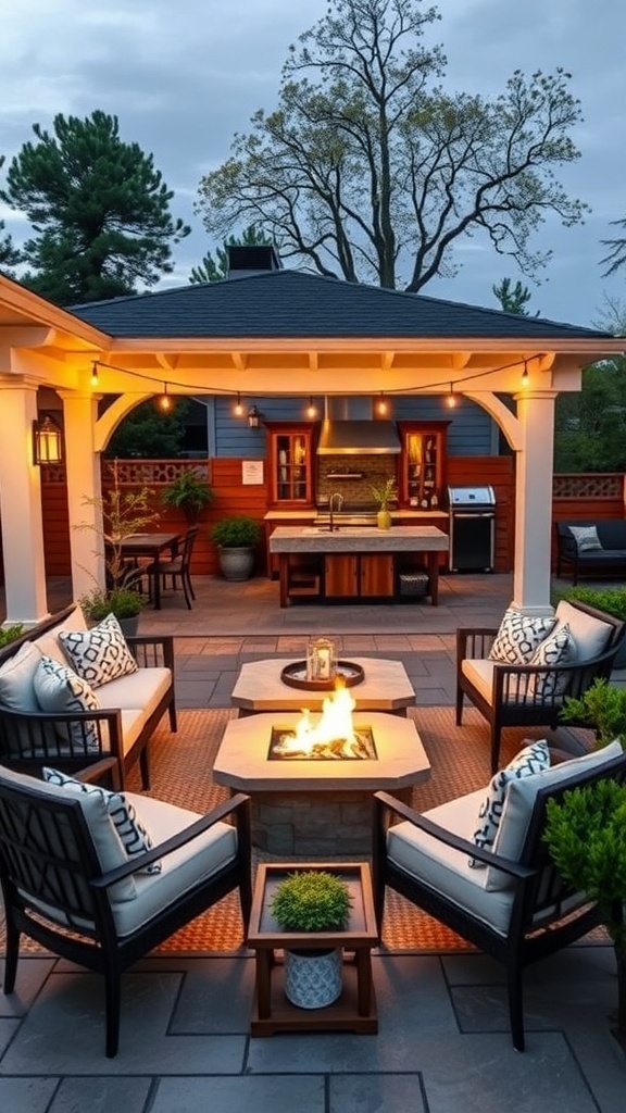 Cozy outdoor living space with fire pit and kitchen