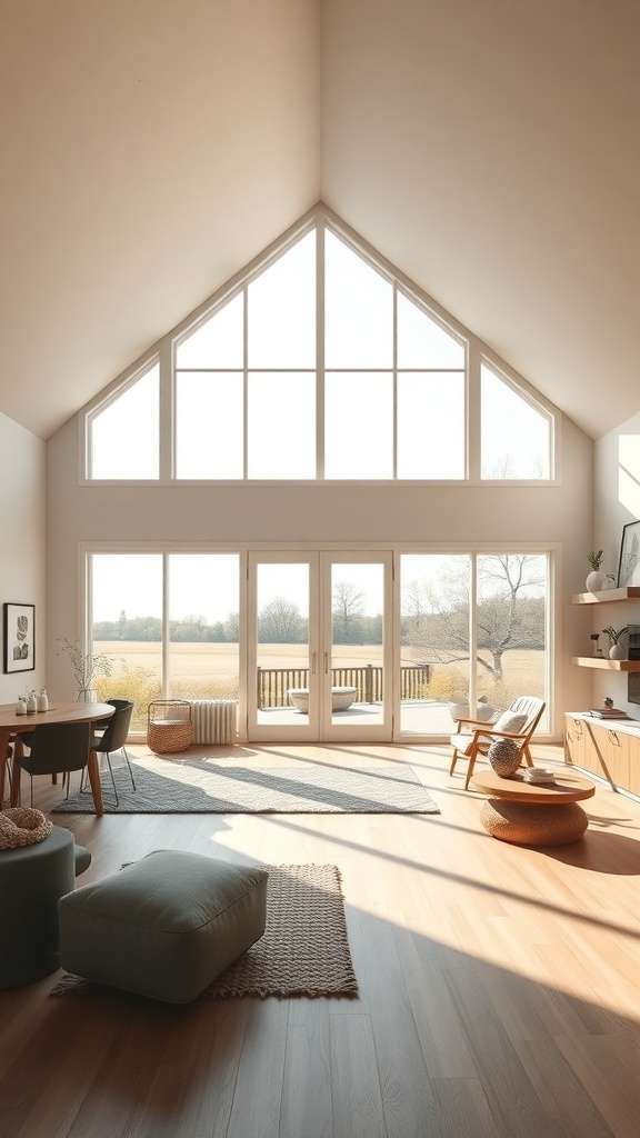 Interior of a modern farmhouse with large windows and natural light.