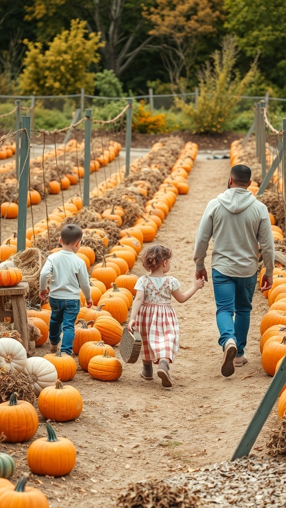 A parent and two children walking through a pumpkin patch filled with pumpkins.