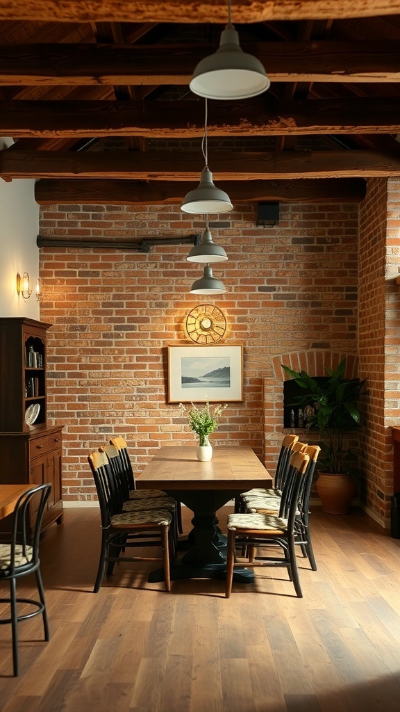 A rustic dining room featuring exposed beams and brick walls with a wooden table and black chairs.