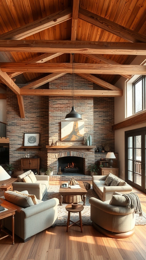 A rustic living room featuring exposed wooden beams and a brick wall with a fireplace.