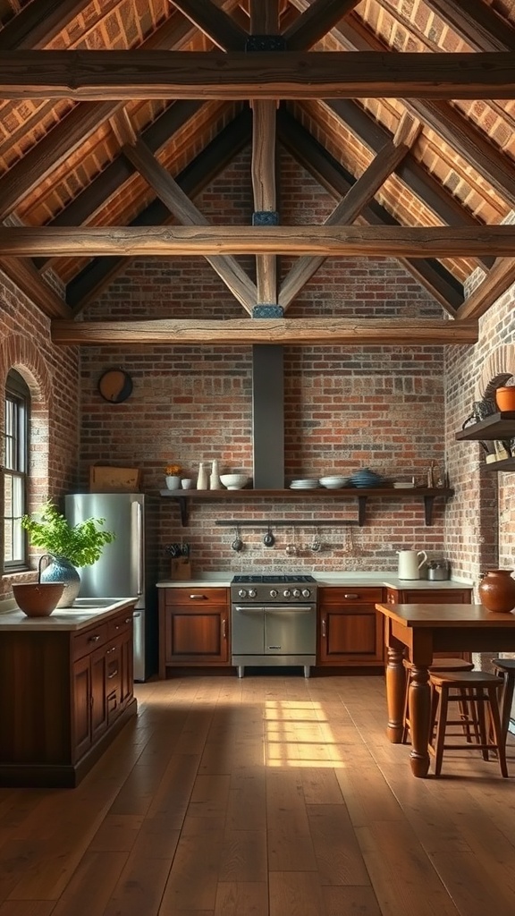 A rustic farmhouse kitchen featuring exposed wooden beams and brick walls.