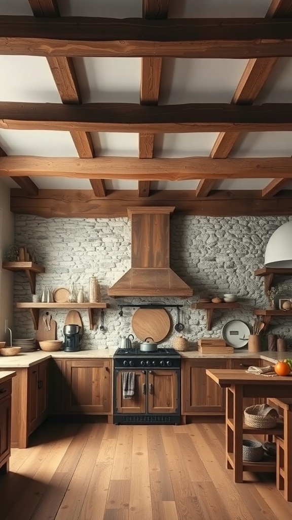 A rustic kitchen featuring exposed wooden beams and stone walls.