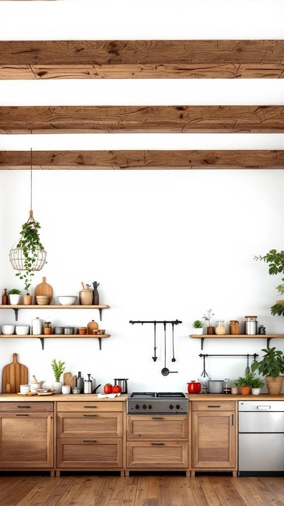 A kitchen featuring exposed wooden beams, wooden cabinetry, and plants, creating a rustic charm.
