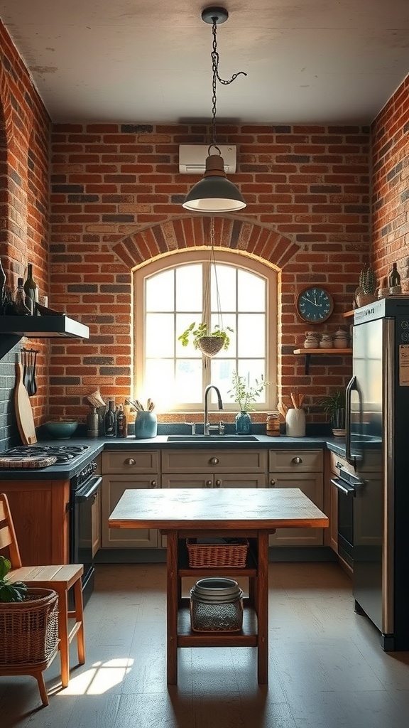 A rustic kitchen featuring exposed brick walls, wooden furniture, and a cozy atmosphere.