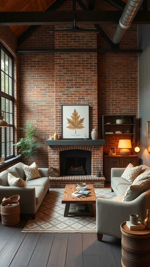 A cozy industrial farmhouse living room featuring exposed brick walls, comfortable sofas, and a warm fireplace.