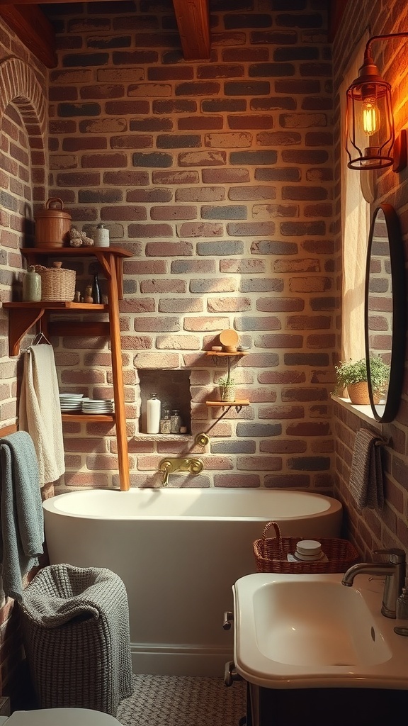 A small rustic bathroom featuring exposed brick walls, warm lighting, and simple decor.