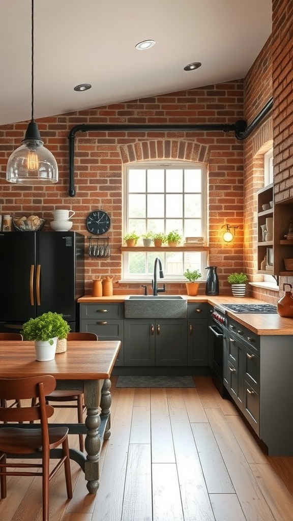 A cozy industrial farmhouse kitchen featuring exposed brick walls, wooden countertops, and a dining table.