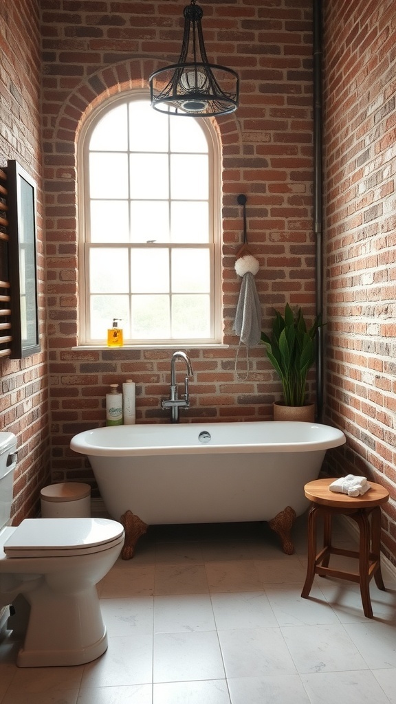 A rustic bathroom featuring exposed brick walls, a freestanding bathtub, and natural elements.