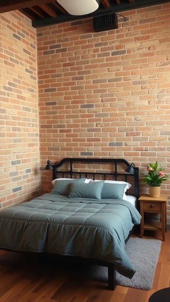 Cozy rustic bedroom with exposed brick walls and a comfortable bed.