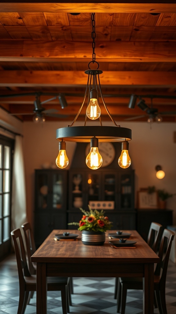 A rustic exposed bulb chandelier hanging above a wooden dining table with flower centerpiece.