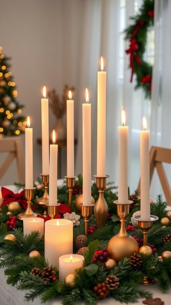 A beautiful arrangement of candles among greenery and ornaments for Christmas decorations.
