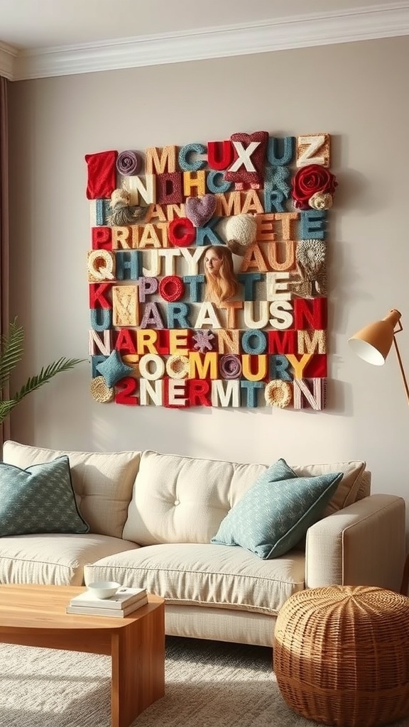 Colorful fabric scrap wall art with letters and textures on a wall