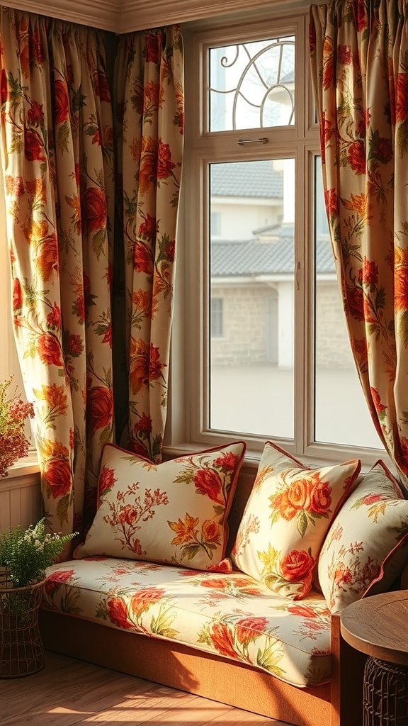 A cozy corner with faded floral patterned curtains and cushions, showcasing a warm and inviting atmosphere.