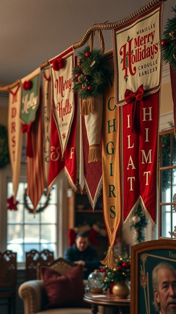A collection of vintage holiday banners hanging decoratively, featuring festive messages and warm colors.