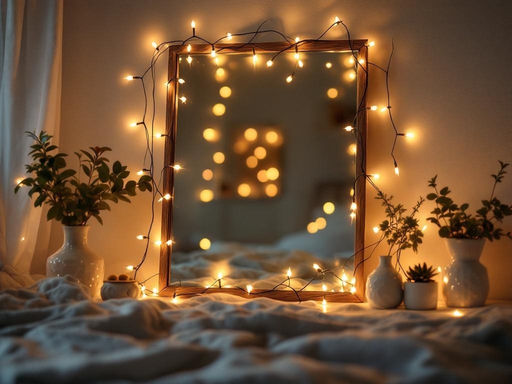 A mirror surrounded by fairy lights, with plants in vases on a bedspread.