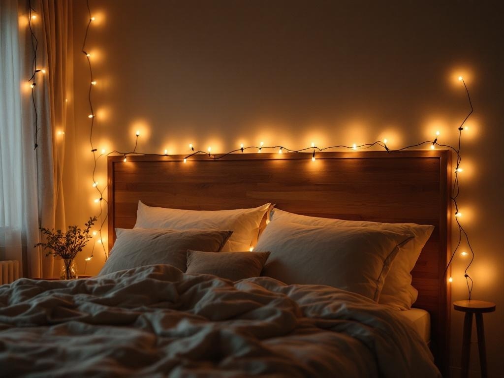 A cozy bedroom with a headboard wrapped in fairy lights, soft bedding, and a small plant.